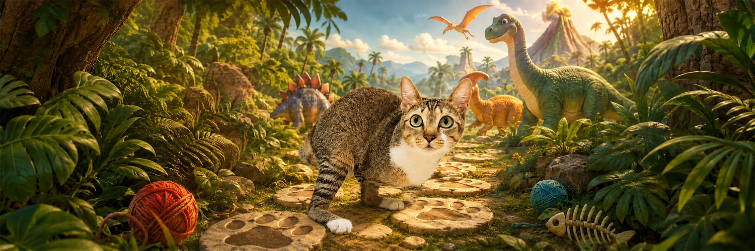 Tutu the Dinocat standing in a prehistoric jungle among dinosaurs